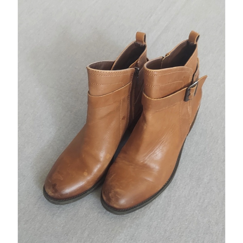 Vince Camuto Beamer Ankle Boots 9M Leather Brown Booties Buckle Block Heel